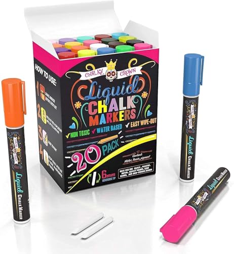Image of CHALKY CROWN Liquid Chalk Markers - Bold Chalkboard Markers- 20 Pack, 6mm | 20 Bold Vibrant Colors for Glass, Windows, Blackboards & Signs - Reversible Chisel & Bullet Tips - Non-Toxic Ink Base