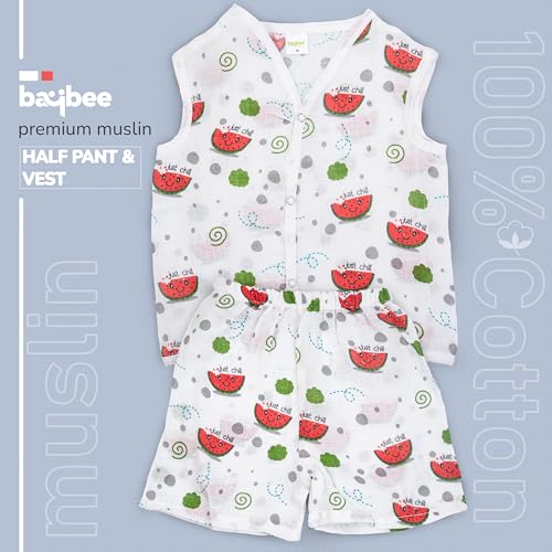 Image of BAYBEE 100% Muslin Cotton New Born Baby Clothes for Kids | Sleeveless Summer Wear with Soft & Breathable | Shirt and Shorts Set | Jablas for Baby Girl Boy Dress