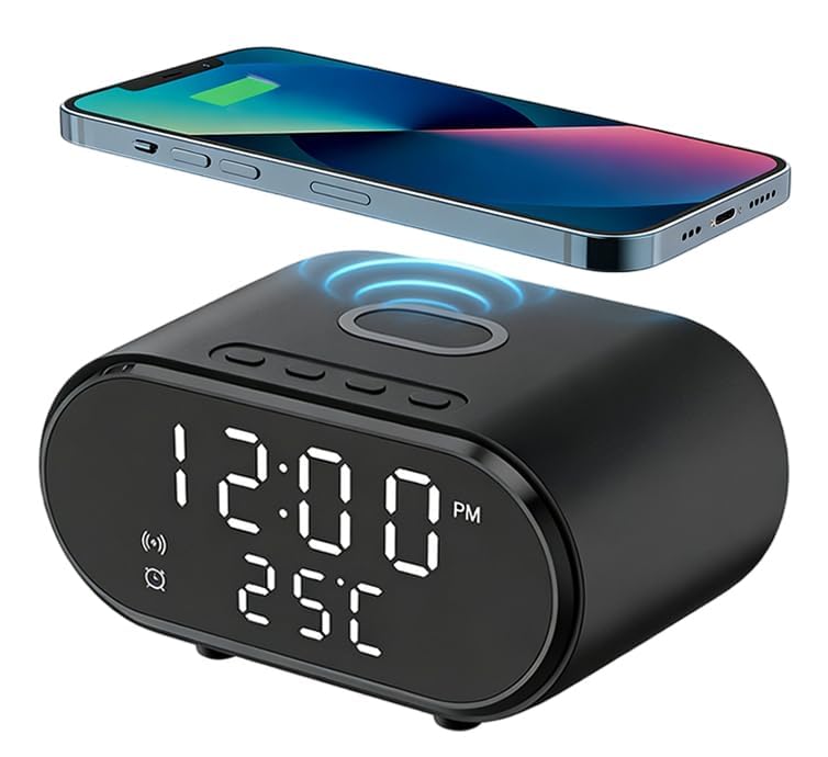 XOMIUHL Alarm Clock Bedside Wireless Charger 2-in-1 15W Fast Wireless Charging Alarm Clock LED Display with Temperature & 5 Brightness Levels Smart Digital Clock for Bedroom/Office/Dorm (Black)