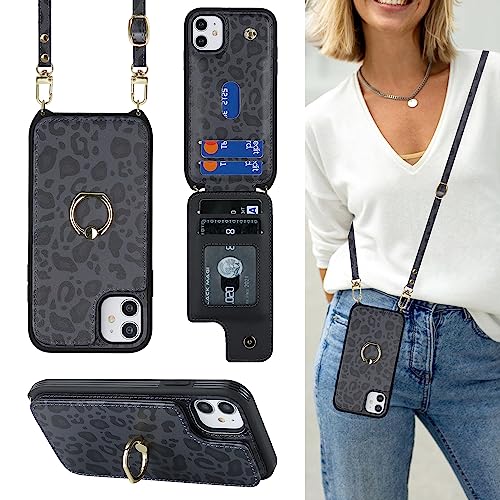 Image of for iPhone 11 Phone Case with Card Holder and Strap for Women,Crossbody Lanyard,RFID Blocking,Kickstand Ring Stand,Snap Clasp,Cute Phone Wallet Cases 6.1 inch(Black Leopard)