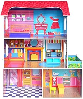 Kiddi Style Wooden Doll House - 3-Storey Supreme Tall Doll Townhouse - Large Doll Houses for Toddlers & Kids - Play Dolls House for Girls & Boys - Playhouse Playset with Furniture, 75 x 33 x 116cm