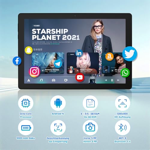 Tablet 10 Zoll Android Octa-Core 8 GB RAM 64 GB ROM (1 TB TF) 1280x800 IPS Touchscreen GMS-zertifizierter 5000mAh Tablet PC WiFi 6 Bluetooth 5.4 Widevine L1 Dual-Kamera – Bild 3