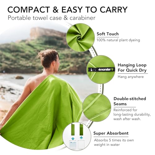 Image of 4Monster Quick Dry Travel Towel with Case & Carabiner - Super Absorbent Microfiber Gym & Camping Towel. Compact, Lightweight, Fast Drying for Beach, Swimming, Hiking, Backpacking