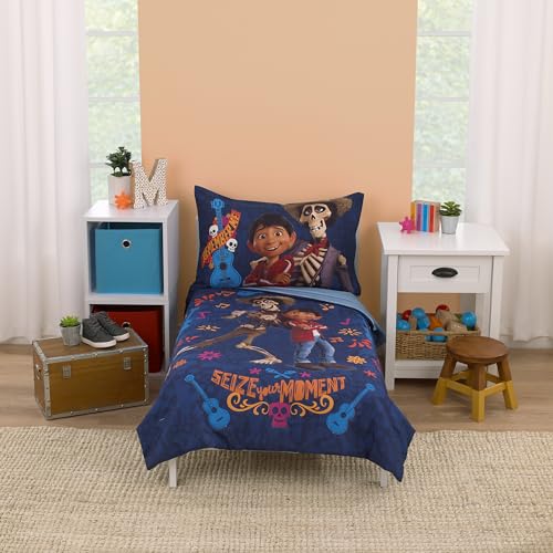 NoJo Disney Coco Navy, Orange, and Light Blue, Seize Your Moment 4 Piece Toddler Bed Set - Comforter, Fitted Bottom Sheet, Flat Top Sheet, and Reversible Pillowcase