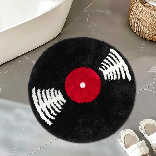 Image of Vinyl Record Bath Mat Music Round Rug Retro Tub Bath Rug Non Slip Washable Funny Bathroom Decor Absorbent Tufted Rug Carpet for Bedroom Living Room Music Theme Decor Black and White 23.5"