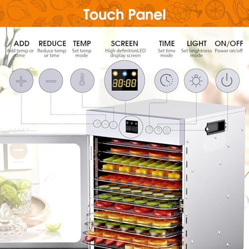 Food Dehydrator for Jerky, 12 Stainless Steel Trays, 1200W Fruit Dehydrator, 24H Timer and 190°F Temperature Control, Overheat Protection, Food Dryer for Jerky, Herbs, Fruit, Dog Treats