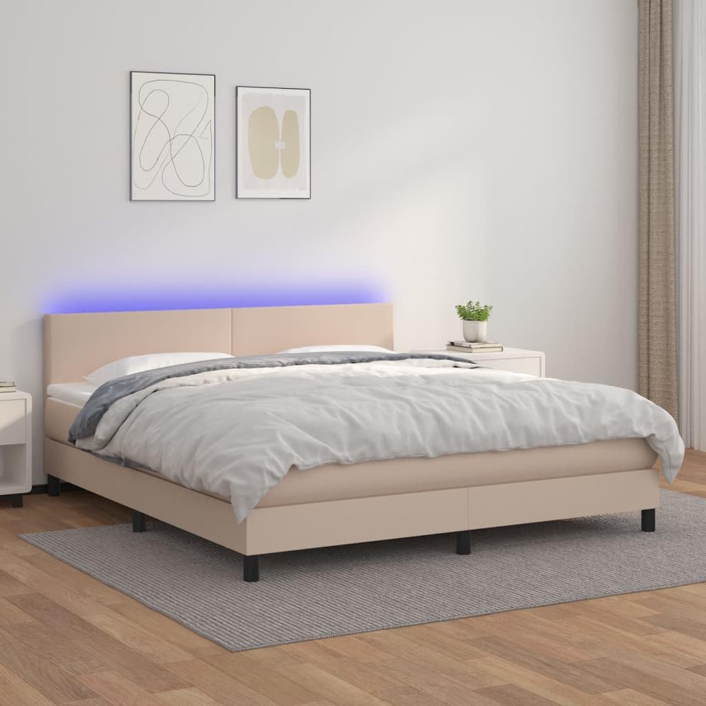 Skóra ekologiczna z regulowanym zagłówkiem Cappuccino 180x200 cm Brąz | Łóżko kontynentalne 180x200 z materacem sprężynowym i LED cappuccino do sypialni z zagłówkiem