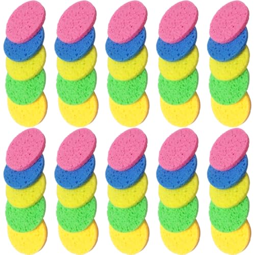 VILLFUL 50 Esponjas Faciales Desmaquillantes Redondas de Celulosa 60 MM Diámetro 8 MM Grosor Multicolor Piel Rosa Azul Verde Amarillo Limón para Limpieza y Exfoliación del