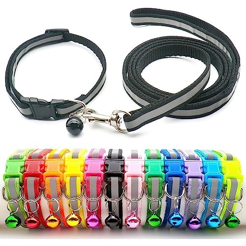 Small Dog Puppy Pet Collar and Lead Set Reflective Hi-Vis Strip Nylon Adjustable Size 19-32cm Collar with Bell and 120cm Leash Black