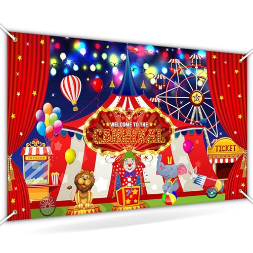 Avezano Circus Carnival Backdrop for Photography Welcome to The Carnival Banner Red Curtain Ferris Wheel Tent Carnival Theme Circus Party Decorations 70.8 x 43.3 Inch
