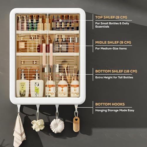 Image of Freshmage Bathroom Cabinet with 2 Doors - Wall Mounted Storage Cabinet for Bathroom Essentials, Skincare & Makeup | Bathroom Shelf & Organizer Cabinet for Home, 3 Layer (White)