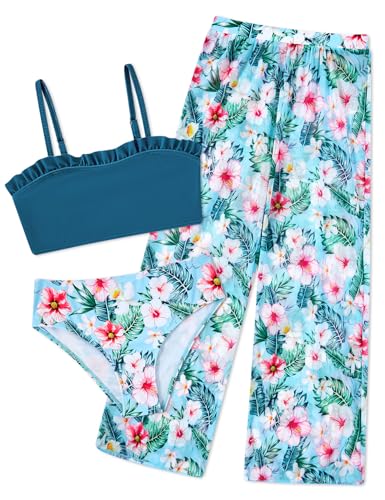 Image of Vogseek 6-16T Girls 3 Pieces Bikini Bathing Suit with Rash Guard Pants Quick Dry Swimwear Cover-Up Sets