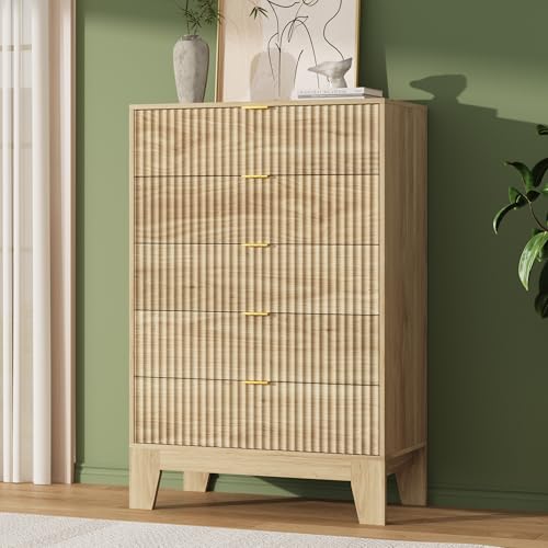 Image of Garvee 5 Drawer Dresser for Bedroom, 47 inch Tall Fluted Chest of Drawers with Metal Handle, Modern Wooden Dresser TV Stand, Clothes Storage Organizer Wood Closet for Hallway, Entryway, Natural Oak