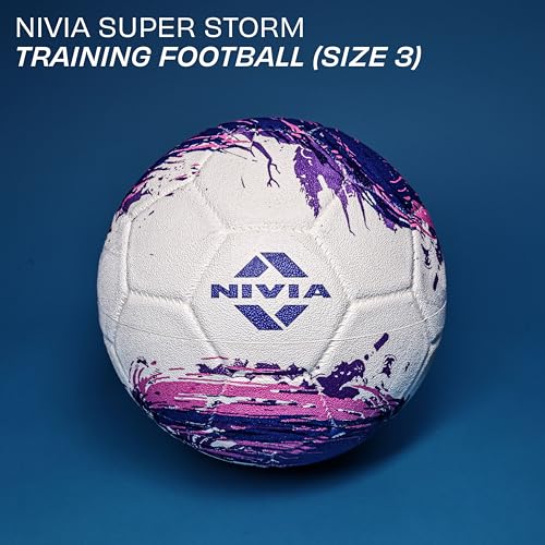 Image of Nivia Super Storm Football for Men, Training Ball, Durable Rubber Cover Molded, Butyl Threadwounded Bladder, to Play On Hard Ground and Artificial Turf (White, 3)