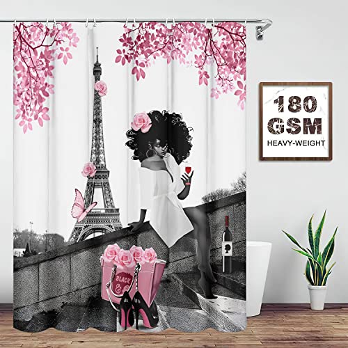 Tyakasha Shower Curtain African American Woman Afro Lady Withn Pink Rose Fashion Black Girl Eiffel Tower 72X72 Inches Waterproof Fabric Polyester With 12 Hooks For Bathroom Decor #TOP1