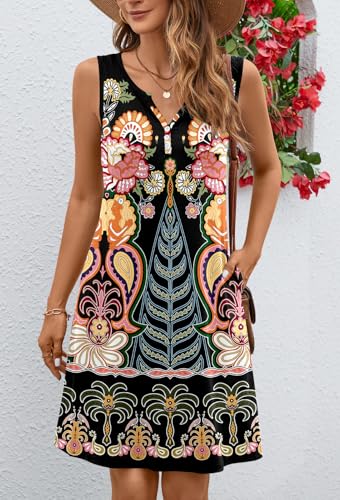 Image of Ladlop Summer Dresses for Women 2026 Beach Loose Casual A Line Dress Sleeveless V-Neck Sundress with Pockets