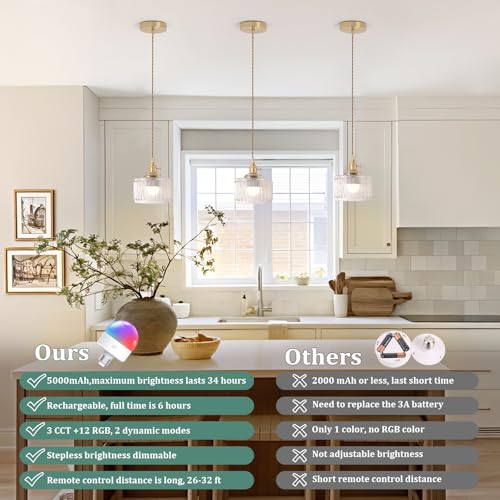 Image of Shenmoyl Battery Operated Pendant Light 5000mAh Rechargeable Chandelier with Remote Control Wireless Adjustable Hanging Clear Striped Light for Kitchen Island Dining Room Hallway