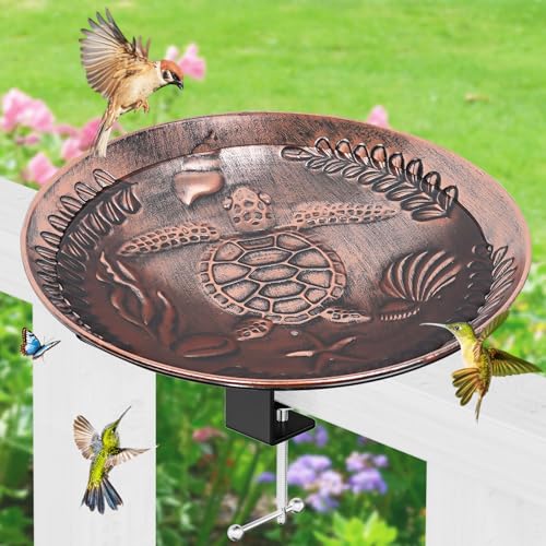 VeyFolzin.st Deck Mounted Bird Bath for Outside, Detachable Birdbath Bowl with Sturdy Clamp, Outdoor Bird Baths Bowl for Attracting Birds Garden Yard Decor (Vintage Copper Turtle)