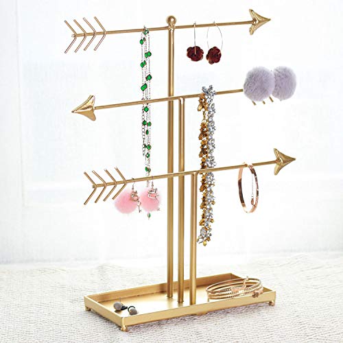GRIDYTOP Yamfurga 3 Tier Arrow Jewelry Accessories Organizer, Metal Jewelry Display Stand, Decorative T-bar Jewelry Holder for Necklace, Earring, Bracelet, Watch, Gold