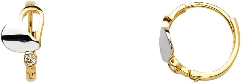 14k Two Tone Gold 6mm Thickneww Heart CZ Hinged Hoop Huggie Earrings (10 x 10 mm)