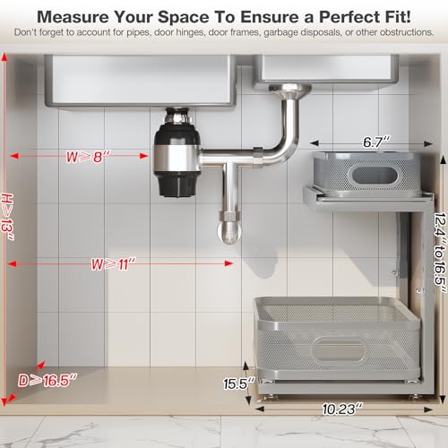 Image of 2 Pack 15.5IN-Depth Under Sink Organizer With Next-Gen Ball-Bearing Slides,2-Tier Precision Mesh Pull Out Cabinet Storage for Bathroom&Kitchen,Height Adjustable Drawers Shelf,Anti-rust-Grey