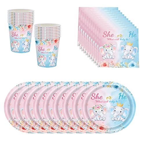 BlinBlin Vaisselle Révèle Le Genre Bébé, Petit éléphant Baby Shower Baptême Assiettes,avec Assiettes, Tasses, Serviettes pour Boy Or Girl Fournitures Fête Naissance,16 Invités