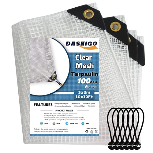 10 x 10Ft Heavy Duty Waterproof Tarps Reinforced Mesh Clear Tarp Cover Sheet & 6 PCS Bungee Balls