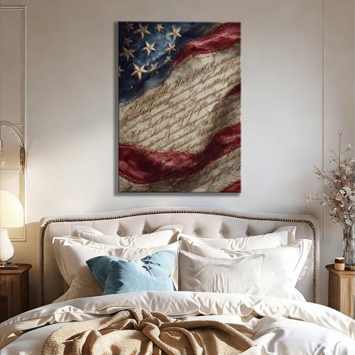 Image of RIBNTAK Vintage Americana Canvas Wall Art, Rustic American Flag and Constitution Pictures Patriotic Artwork for Farmhouse Decor, Independence Day Decorations for Living Room Bedroom Entryway