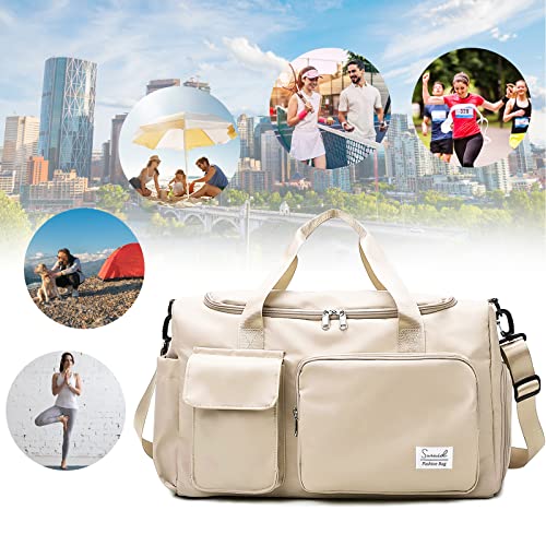 Image of Suruid Gym Bag with Shoe Compartment, Sports Duffle Bag for Women, White | Dry Wet Separation Pouch, For Men and Women, Overnight Weekender Training Handbag Yoga Bag