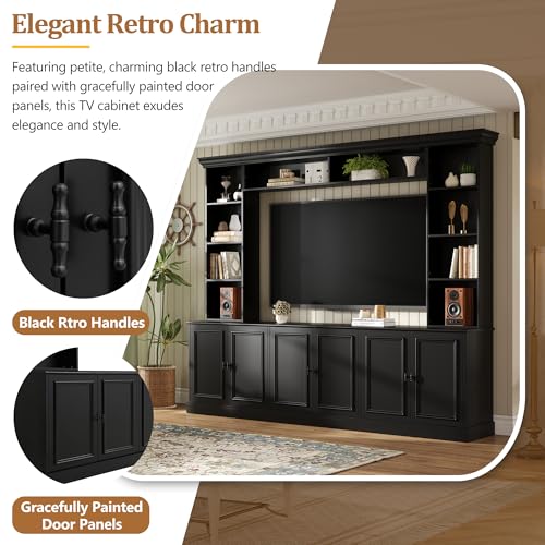 Image of JIJIWANG 97.4 inch W 4-Piece Wall Unit Entertainment Center with Bookshelf for TVs Up to 70 inch, Mid-Century Media Console TV Stand with Adjustable Shelf, Storage Cabinet and Bridge for Living Room, Black