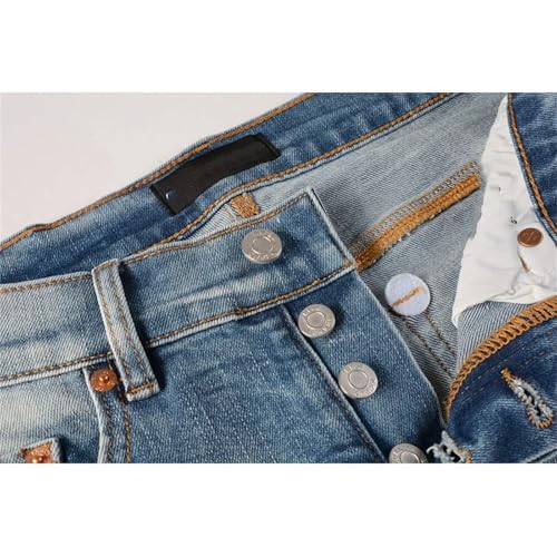 Mnjyihy Men Blue High Street Distressed Jeans High Stretch Skinny Button Fly Straight Leg Ripped Jeans Pants2