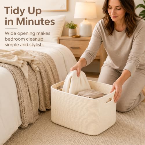 Image of 15.4GAL Woven Laundry Basket for Kids, Cute Boho Square storage basket for Living Room Decor, Baby Girls Boys Toys Stuffed Animal Decorative Short Hamper for Dirty Clothes, Bath Towel,Shoes Beige