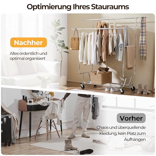 Yaheetech Industrie Kleiderständer Stabiler Garderobenständer 2 Kleiderstange mit Rollen Ausziehbarer Zusammenklappbar Höhenverstellbar Edelstahl