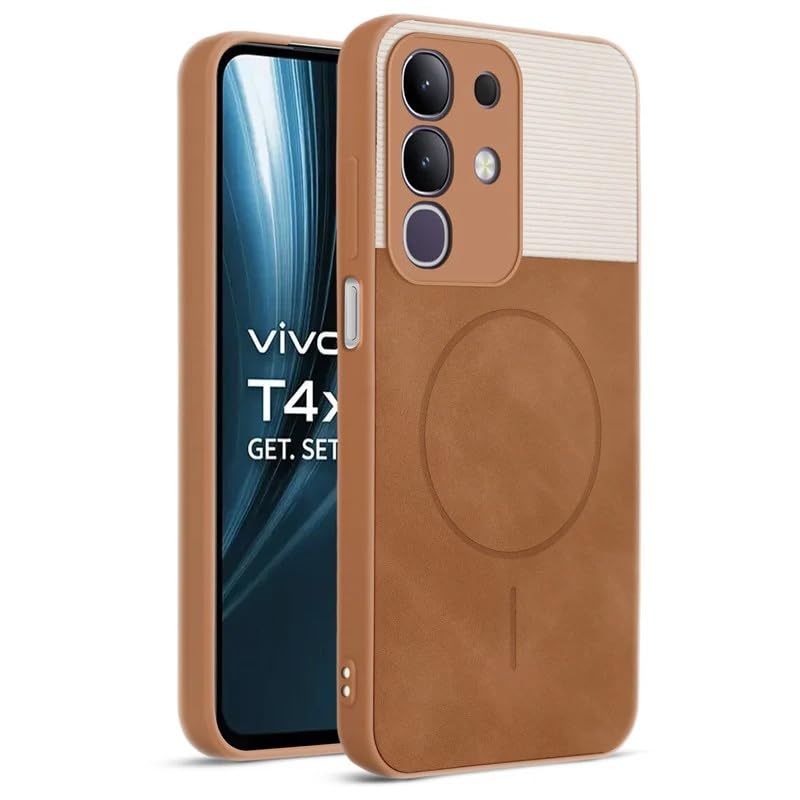 Image of Bintage case Dual-Leather Macc-Safe Design Phone Case| Soft Touch Finish | Full Camera Protectection Back Cover Compatible for iQOO I2404 / Z10x 5G - White & Nut Brown
