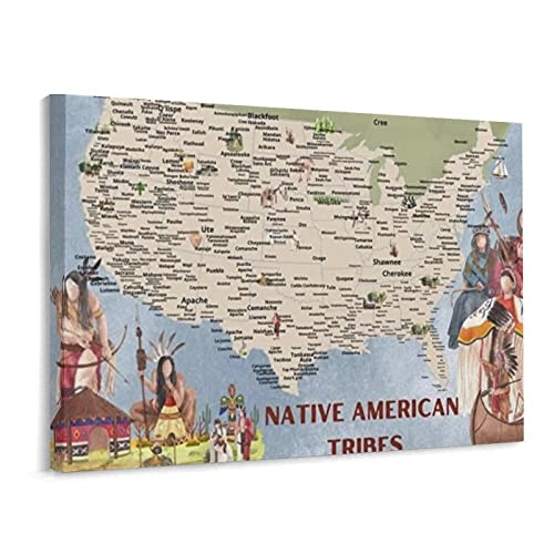 Native American Tribes Photo Map Border Wall History Campaign Colonial Poster Canvas Painting Posters And Prints Wall Art Pictures For Living Room Bedroom Decor 24X32Inch(60X80Cm) Frame-Style #TOP10
