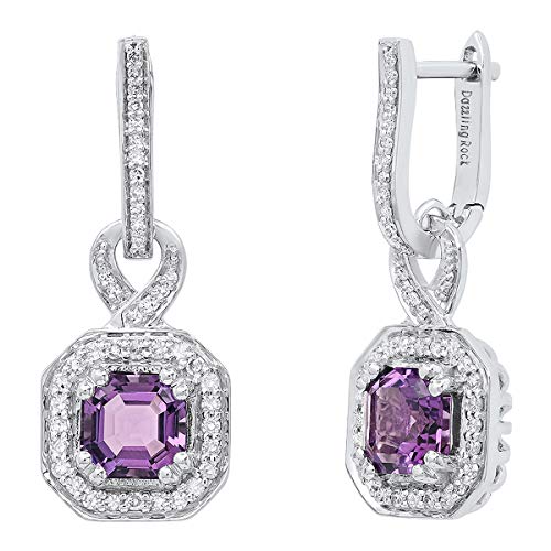 14K 6.5 Mm Asscher Amethyst & Round White Diamond Ladies Halo Dangling Drop Earrings, White Gold #TOP8
