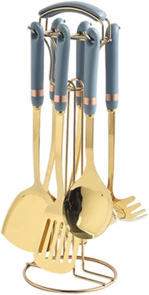 Nordic style Stainless Steel Cookware Kitchenware Sets kitchen Tools Ceramic Handle Hook Up Storage Metal Shovel Spoon (Color : 02) (1)