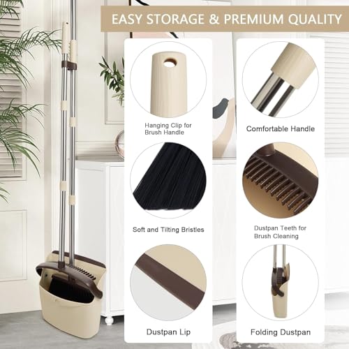 Image of Broom and Dustpan Set, 52-in Long Adjustable Handle Broom Dustpan Combo with Dust pan Teeth to Automatically Clean Hair Suitable for Home Kitchen Office Hall Floor