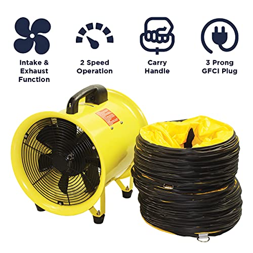 Maxx Air Heavy Duty Cylinder Fan With 20-Foot Vinyl Hose, High Velocity Portable Blower/Exhaust Axial Hose Fan, 8-Inch, Yellow #TOP1