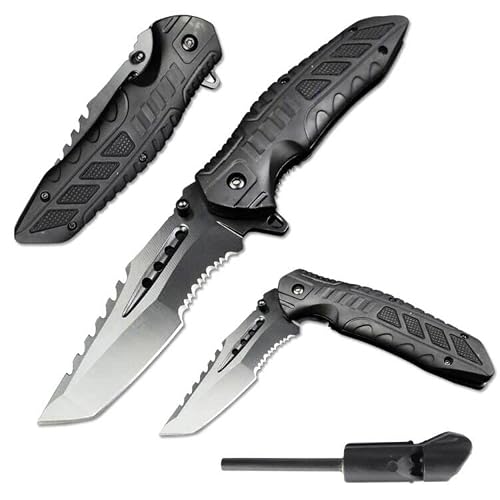 Doom Blade 8.4" Serrated Sharp Black Pocket Folding Knife, Spring Assisted With Fire Start, Edc Survival Knife For Tactical Hunting Camping Hiking Fishing #TOP1