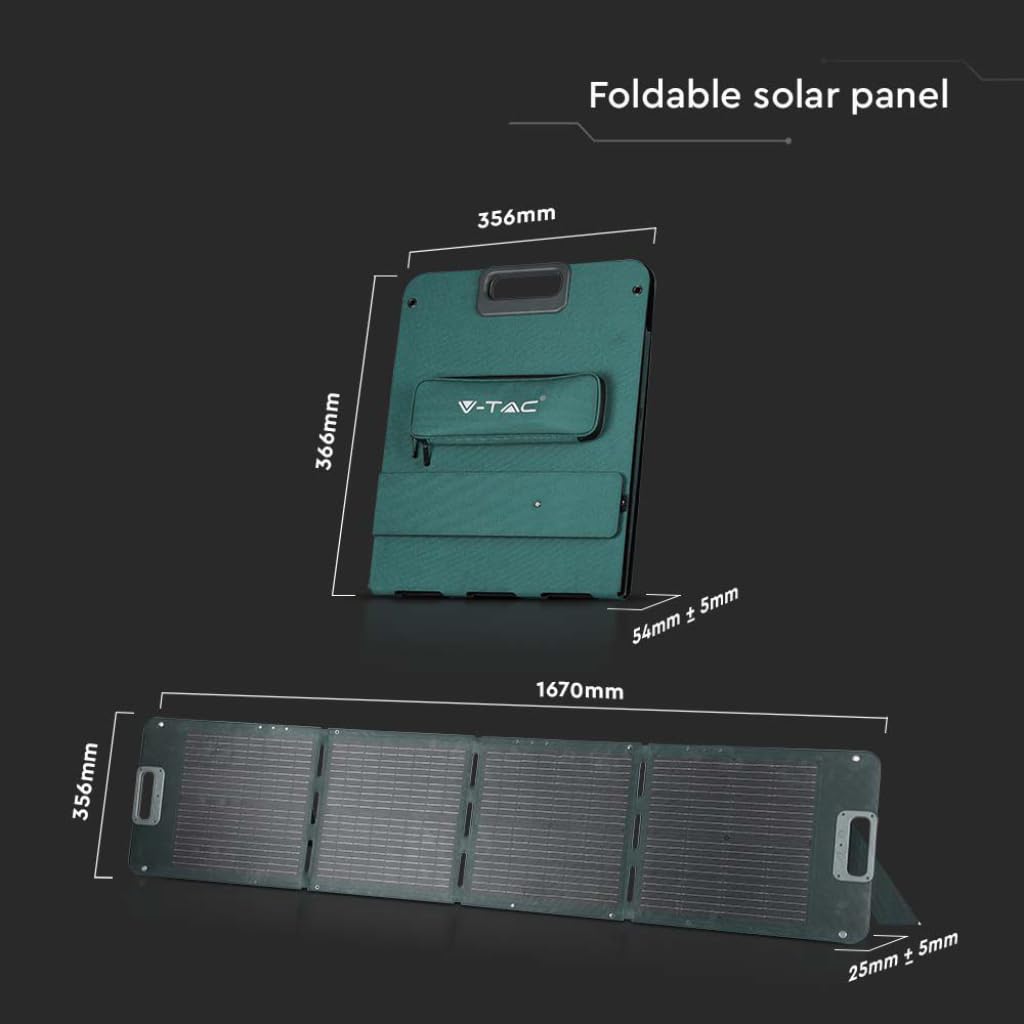 V-TAC Panneau solaire photovoltaïque portable pliable universel – 80 W – Monocristallin – Charge Power Station – Câbles et connexion XT60, DC – Ports USB-A et Type-C – Étanche IP67