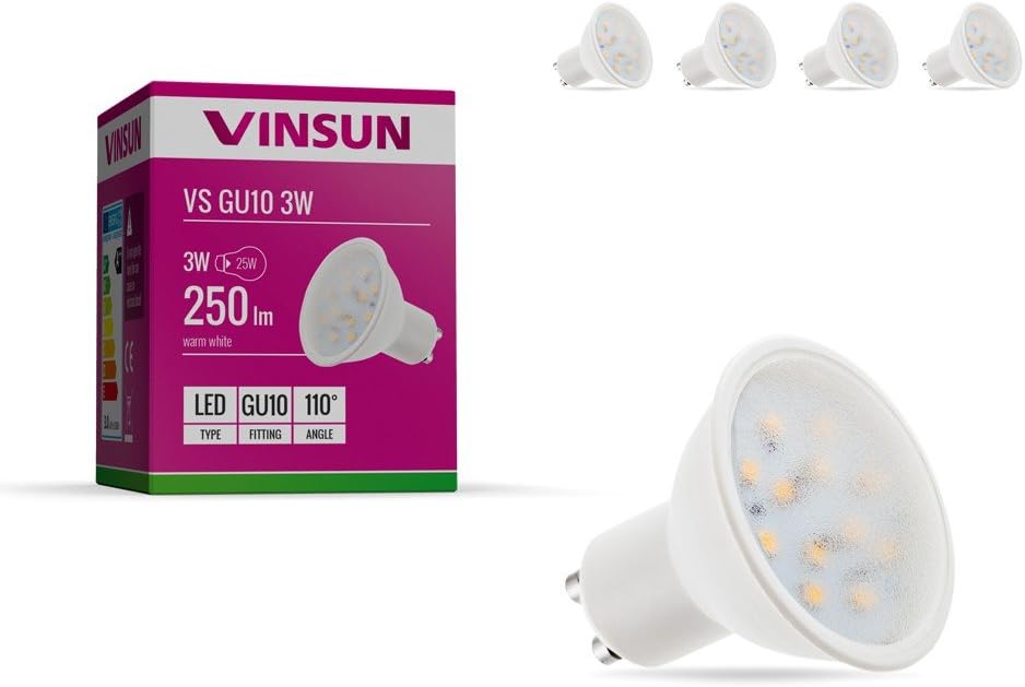 VINSUN® GU10 LED bulbs 3W - 20W halogen bulbs - warm white - 250lm, 230V - Pack of 4 [Energy Class A++]