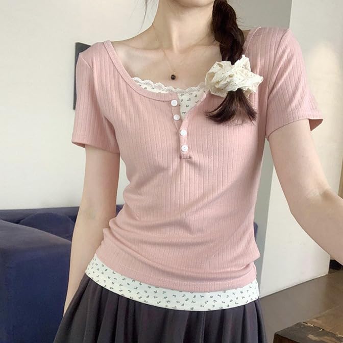 Women Lace Trim Y2K Cute Tshirt Coquette Floral Summer Ribbed Knit Crop Top Fairycore Baby Tees Cottagecore 90s Shirt3