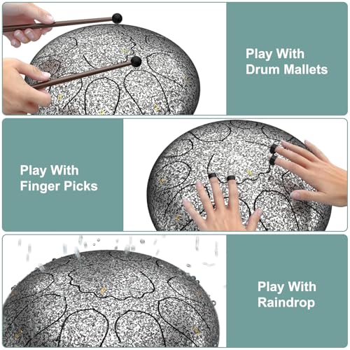 Image of Rain Drum for Outside Garden, 8 Inches 11 Notes Steel Tongue Drum, Waterproof Meditation Rain Chime, Musical Instruments for Adult Gift with Bag, Music Book, Mallets (Star Sliver)