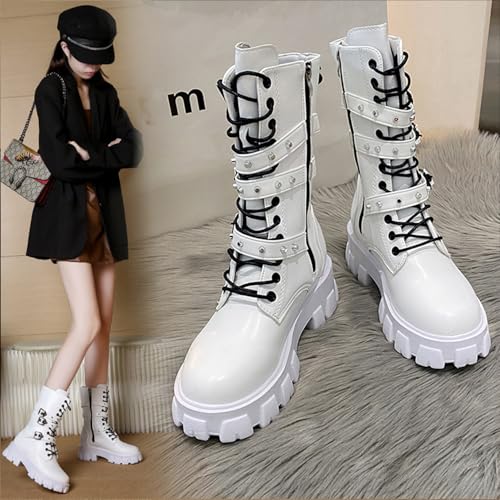 Women's Goth Lace Up Chunky High Heel Mid Calf Boots Round Toe Rivets Decoration Side Zip Combat Boots Lug Sole Platform Motorcycle Ankle Bootie3