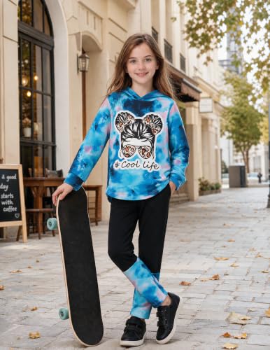 Image of Girls 2 Pcs Fall Winter Tie Dye & Leggings Outfits For Teens 5-14 | 2026 Girls Fashion Trendy, Long Sleeve Hoodie, Cool Life Print, Patchwork Pants, Back to School Holiday Tracksuit