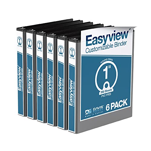 EasyView Premium 1-Inch Binders with Clear-View Covers, 3-Ring Binders for School, Office, or Home, Colored Binder Notebooks, Pack of 6, Round Ring, Black