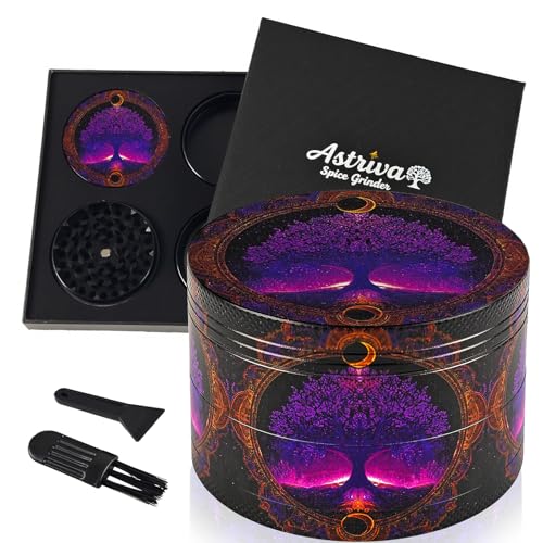 Grinder Metall Crusher, 63 mm Große Grinder 4-teiliges Set Lila Baum-Design, Gewürzmühle Kräutermühle mit Scraper und Plastikbürste, Pollen Grinders für Spice Gewürze Kräuter (Lila Baum B)