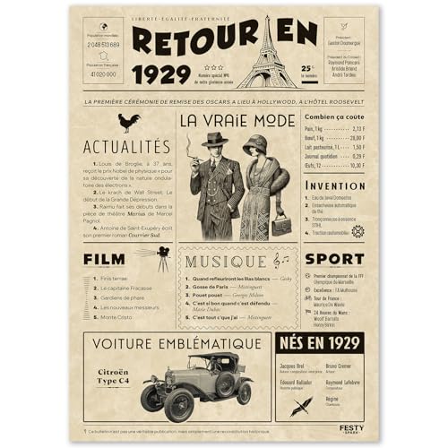FestySpark Cadeau Original Retour en 1929 - Idée Cadeau 97 Ans femme et homme - Carte Anniversaire 97 ans femme et homme - Decoration Anniversaire 97 ans - Carte d’Anniversaire avec Félicitations