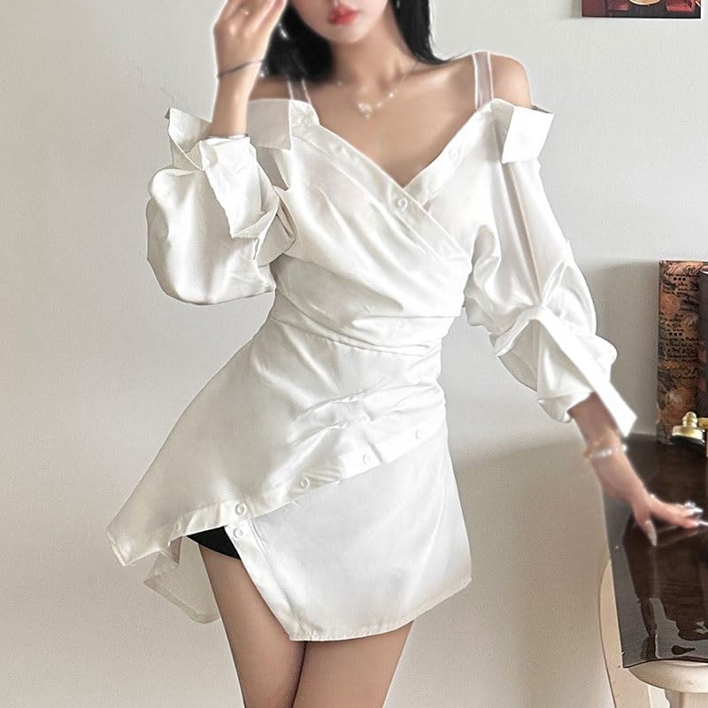 JSEIAJB Fashion V-Neck Long Sleeves Suspenders Dress Breathable Versatile Loose Dress